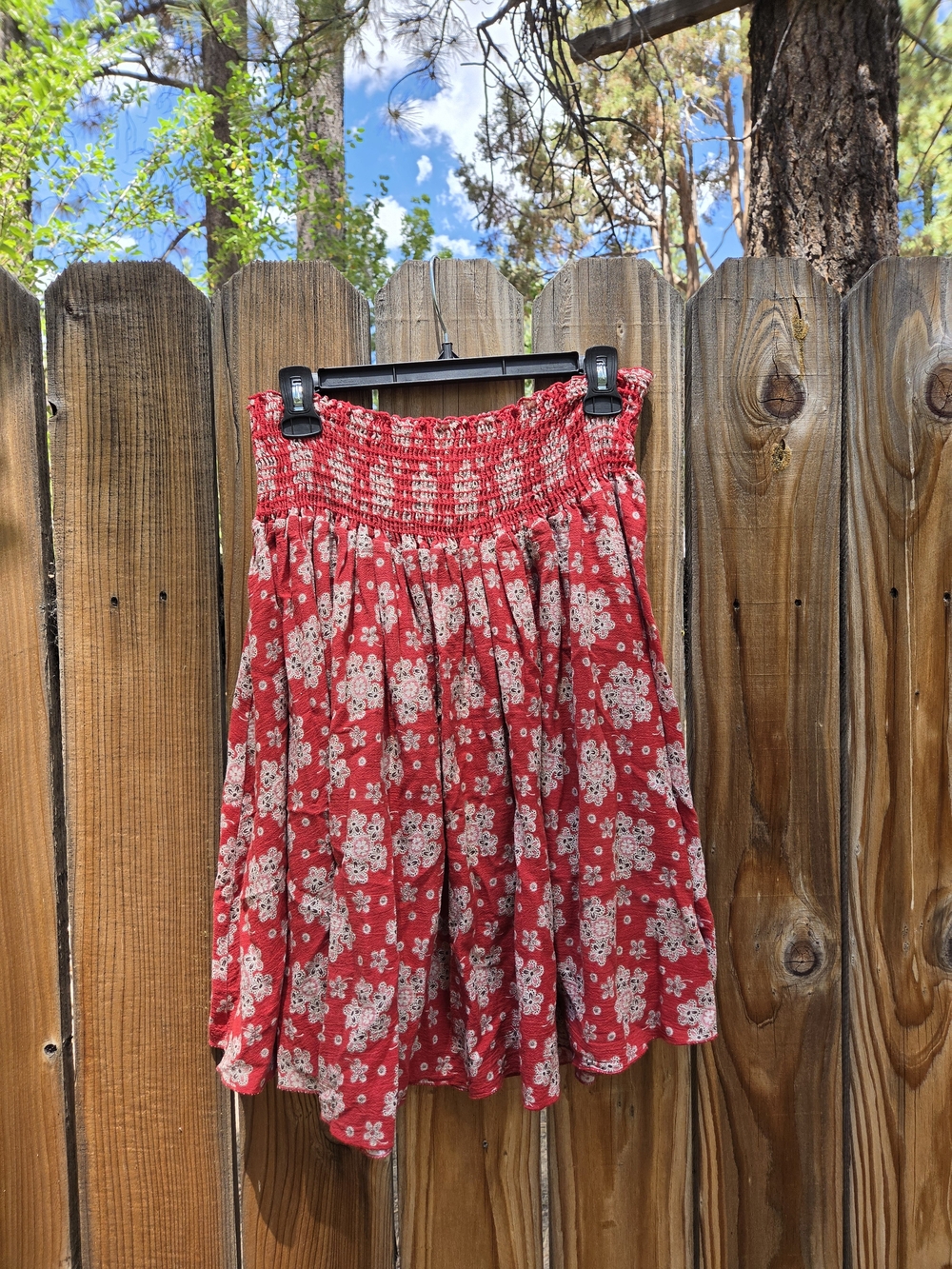 Red Floral Smocked Waist Skirt